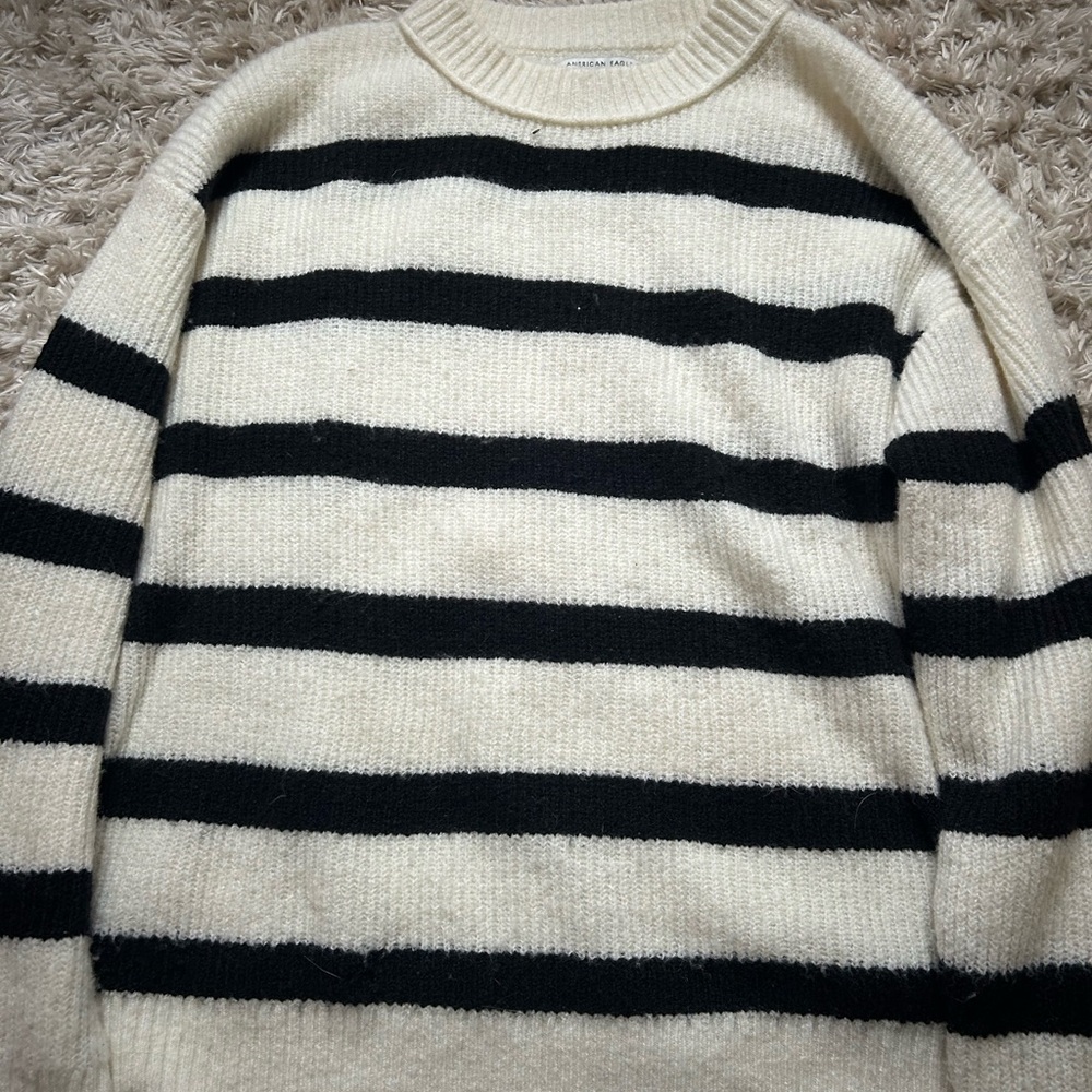 American Eagle Outfitters Black & Cream Striped Crewneck Sweater